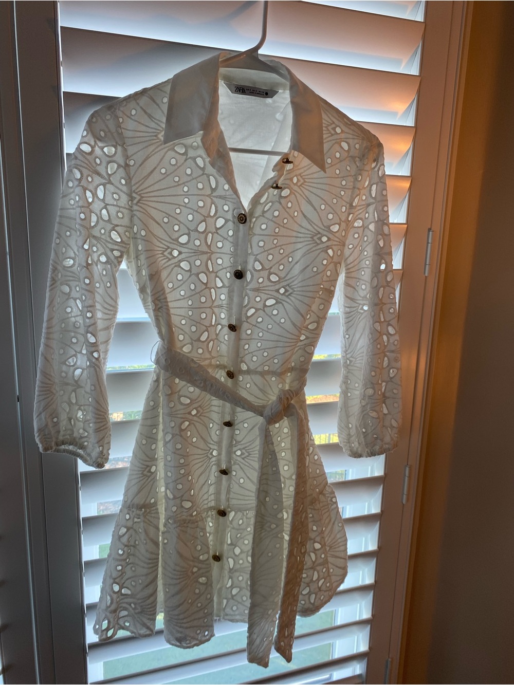 Zara White Eyelet Shirt Dress with Waist Tie